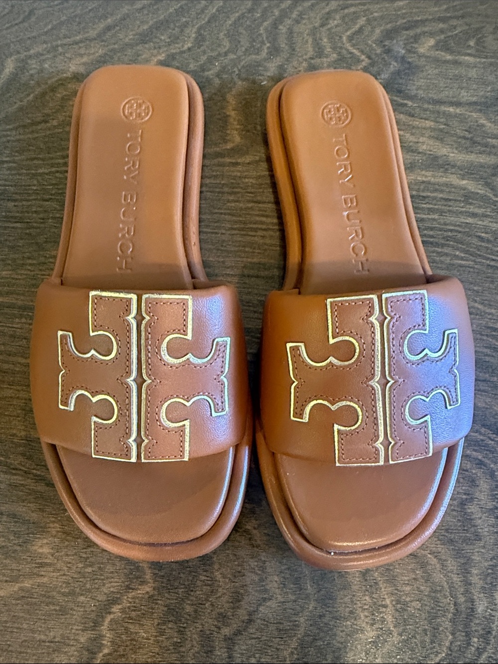 Tory Burch Chestnut Brown Leather Slide Sandals with Gold-Trim Logo